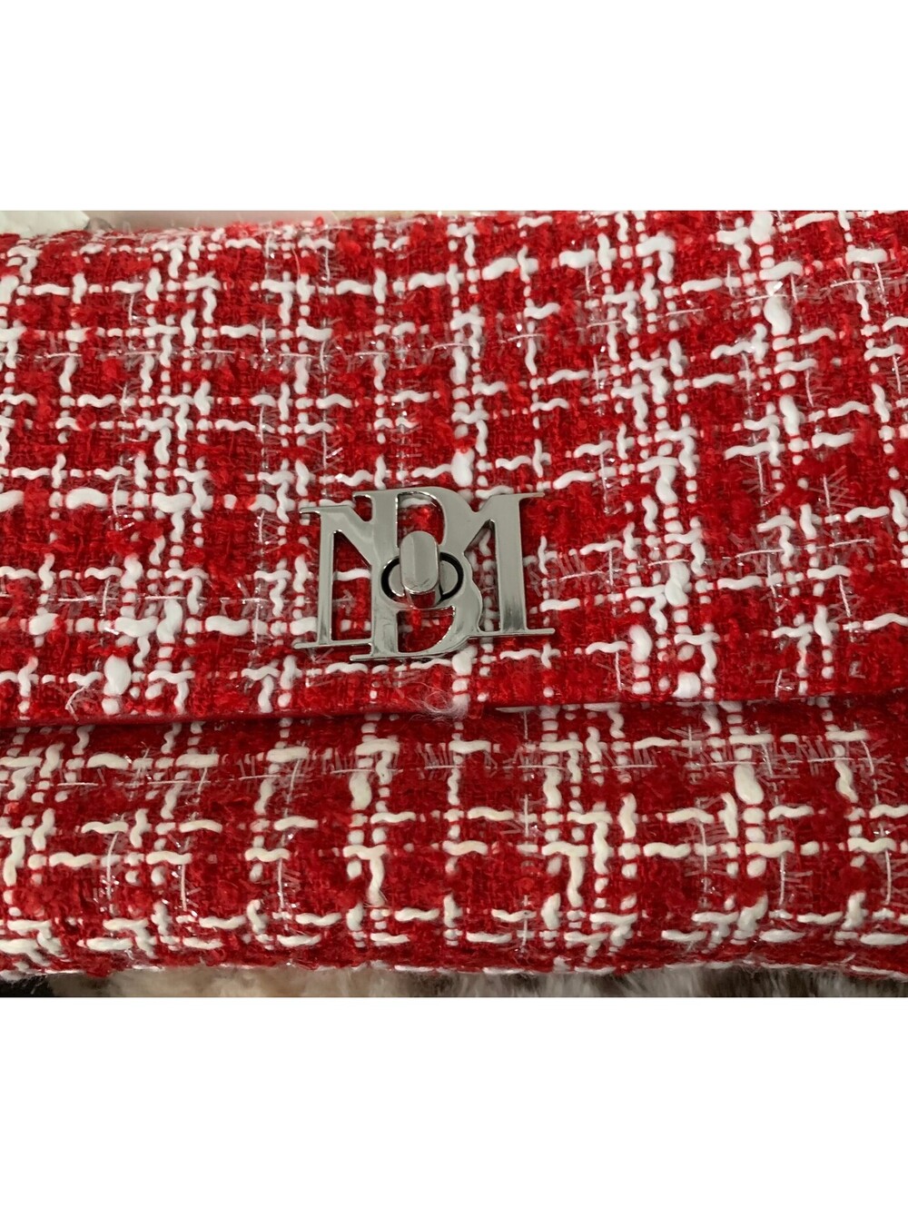 Red and White Tweed Crossbody Bag with Silver Chain and Logo